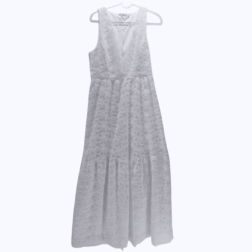 Commense White Deep V Maxi Dress Womens M Cottagecore Coquette Bridal‎ Wedding